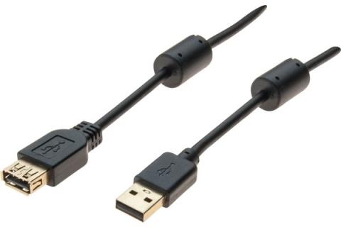 USB 2.0 A/A extension sord + ferrites + gold Black- 1 m