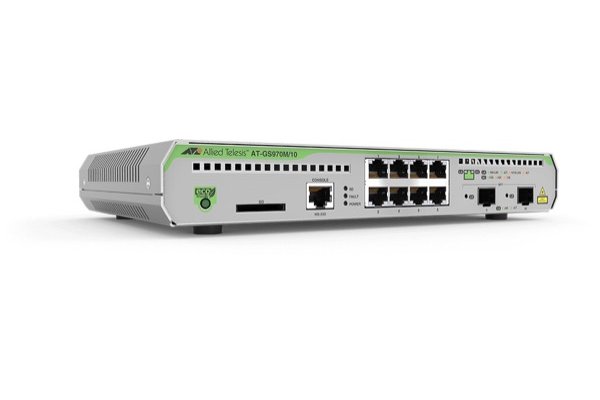 8 x 10/100/1000T ports and 2 x SFP uplink slots (100/1000X SFP), Fixed one AC po